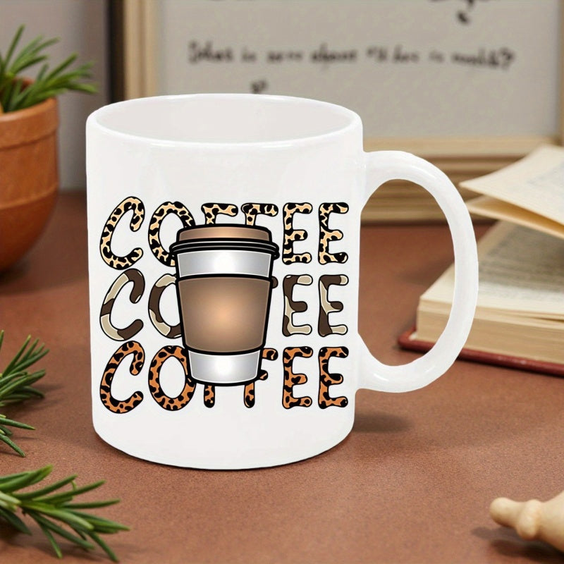Tailorly White Ceramic 11 oz Mug - Coffee Leopard Print Patterned Letters Behind A Classic Disposable Takeaway Coffee Cup