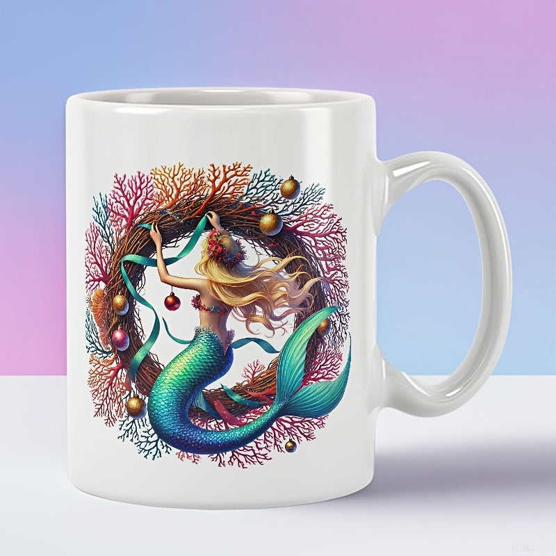 Tailorly White Ceramic 11 oz Mug - Beautiful Blonde Festive Coral Wreath Decorated With Ornaments And Ribbons Mermaid