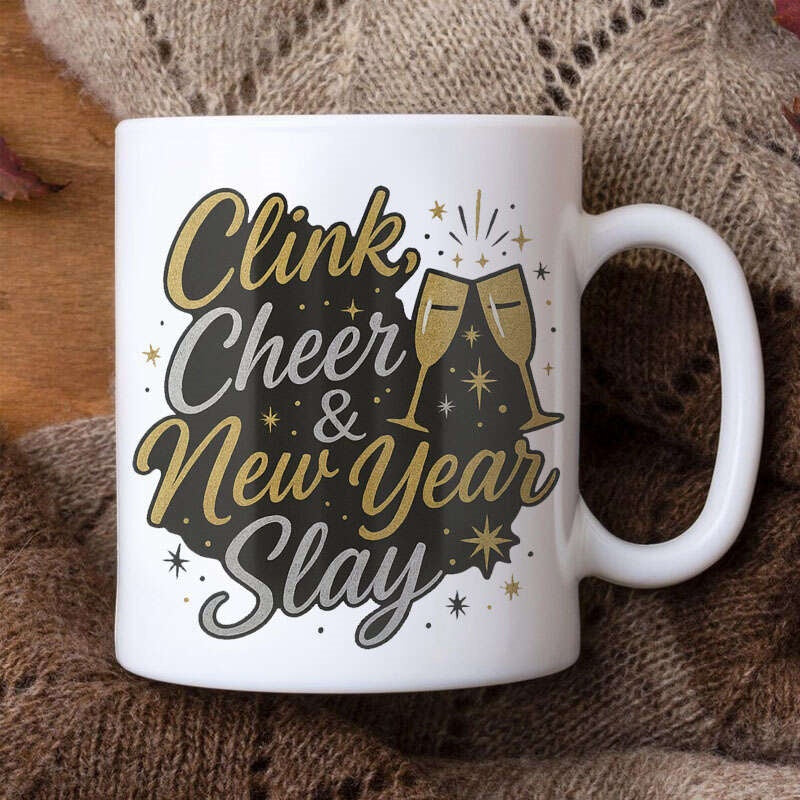 Tailorly White Ceramic 11 oz Mug - Clink Cheer New Year Slay Toasting Sparkling Golden Flutes Surrounded By Decorative Festive Holiday Stars Glass