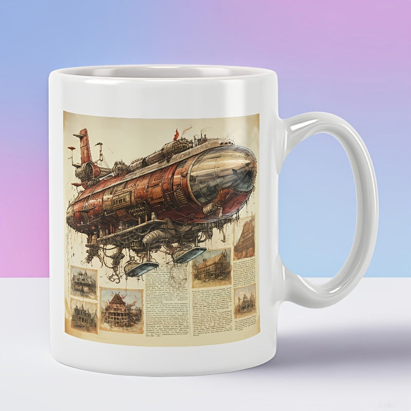 Tailorly White Ceramic 11 oz Mug - Detailed Mechanical Flying Vessel Above Scientific Blueprints In Steampunk Style Airship