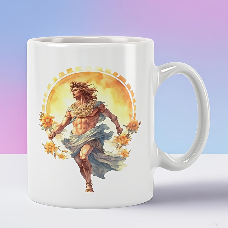 Tailorly White Ceramic 11 oz Mug - Mythological Male Figure Holding Sunflowers Under Golden Radiant Aura Deity