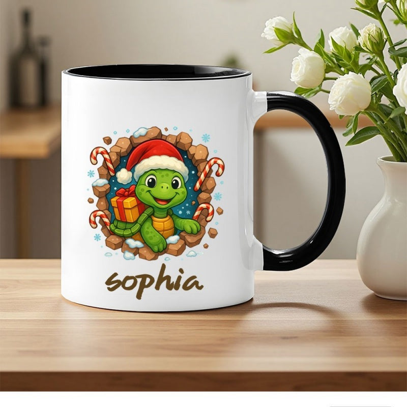 Tailorly Black Accent 11 oz Mug - cute character peeking from rock with Christmas hat