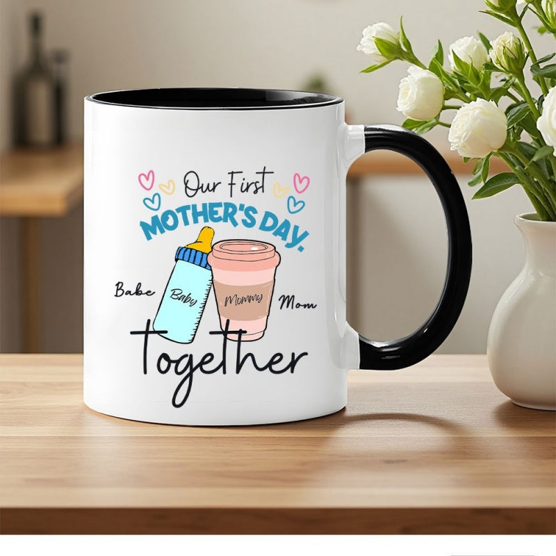 Tailorly Black Accent 11 oz Mug - mothers day themed illustration with the text "our first mothers day"