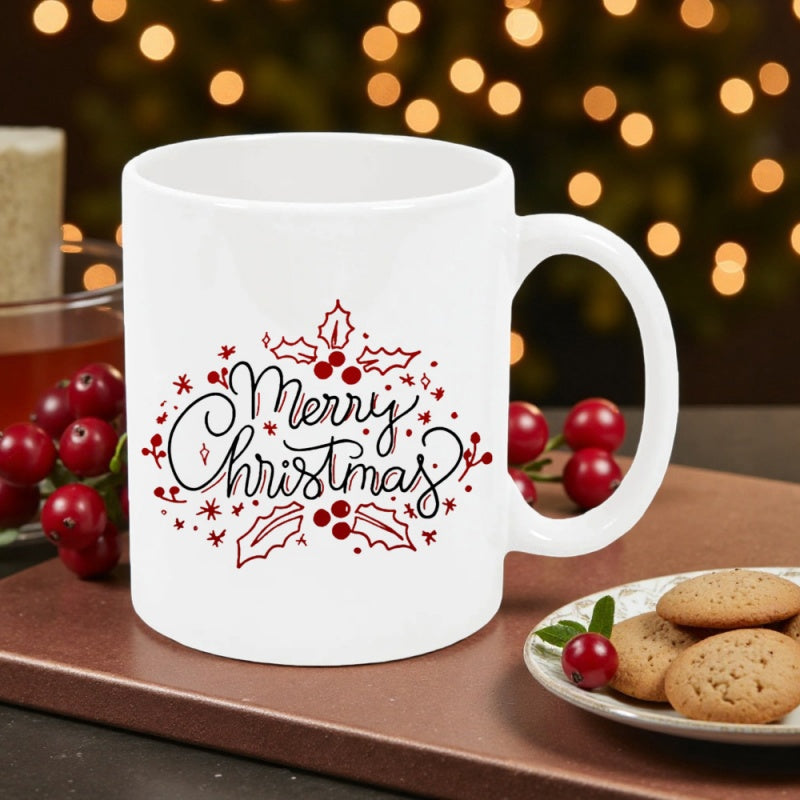 Tailorly White Ceramic 11 oz Mug - Merry Christmas Festive Red Holly Leaves And Berries Surrounding Elegant Cursive Text Mug