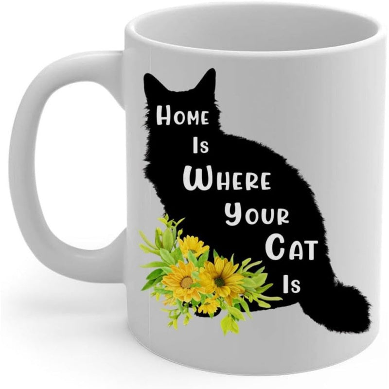 Tailorly White Ceramic 11 oz Mug - Home Is Where Your Cat Is Black Feline Silhouette Surrounded By Vibrant Yellow Sunflowers And Foliage Cat
