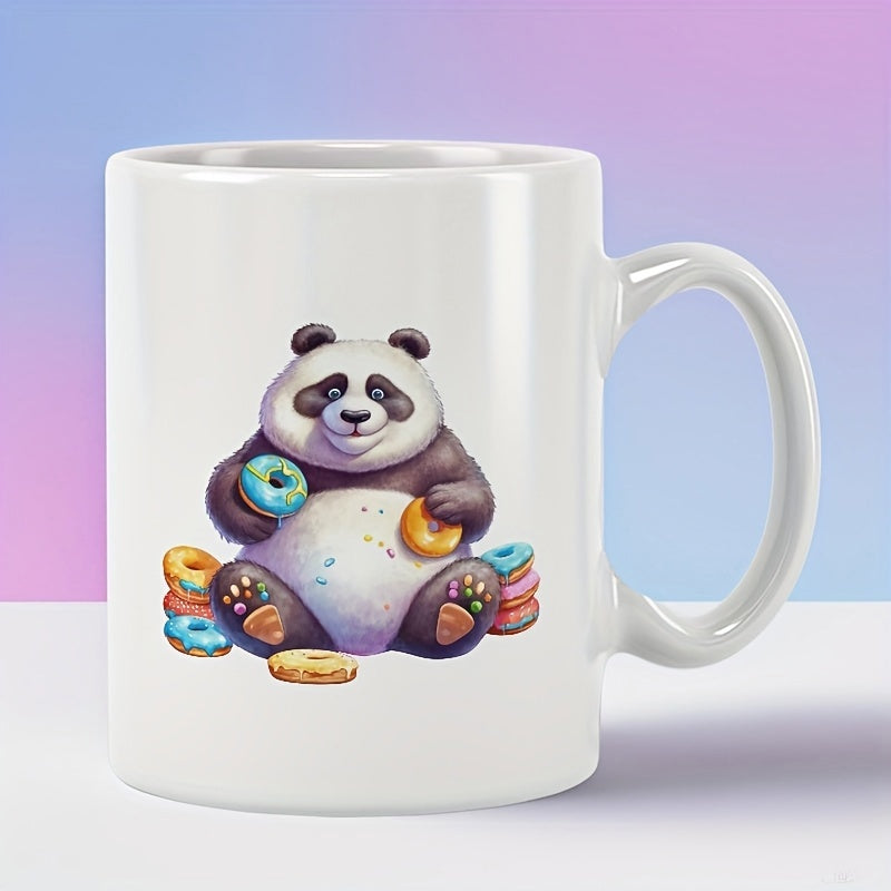 Tailorly White Ceramic 11 oz Mug - Adorable Chubby Cartoon Bear Sitting Among Colorful Glazed Sprinkled Treats Panda