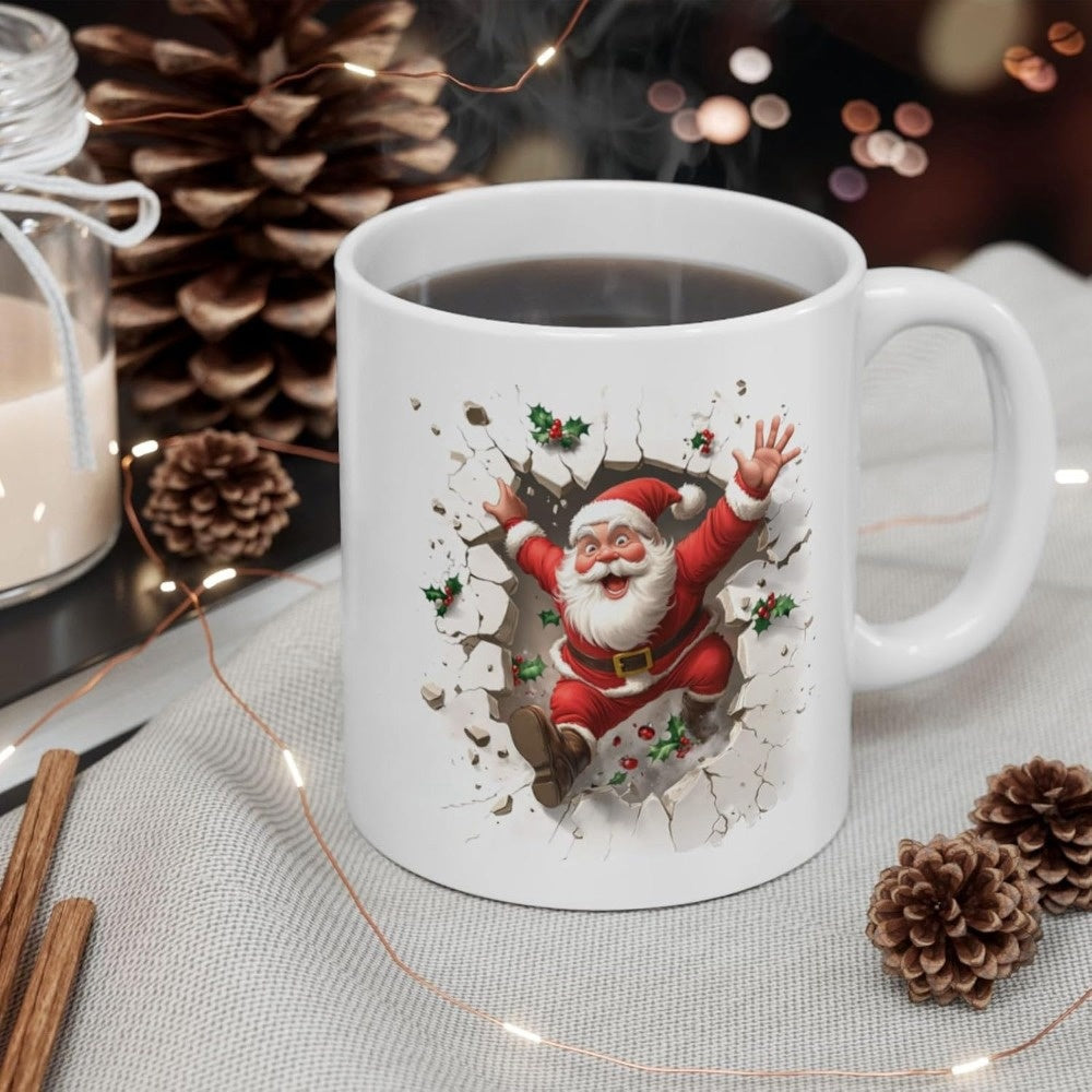 Tailorly White Ceramic 11 oz Mug - Jolly Wearing Glasses Bursting Through A Cracked Brick Wall Santa