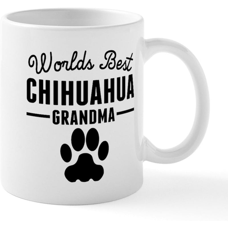 Tailorly White Ceramic 11 oz Mug - Worlds Best Chihuahua Grandma Symmetrical Black Ink Style Featuring A Single Stylized Animal Paw Print