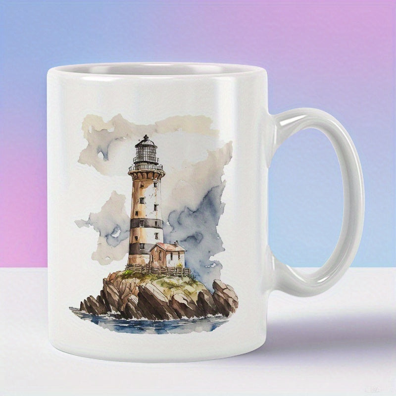 Tailorly White Ceramic 11 oz Mug - Watercolor Coastal Scenery With Waves Crashing Against Rocky Island Cliff Lighthouse