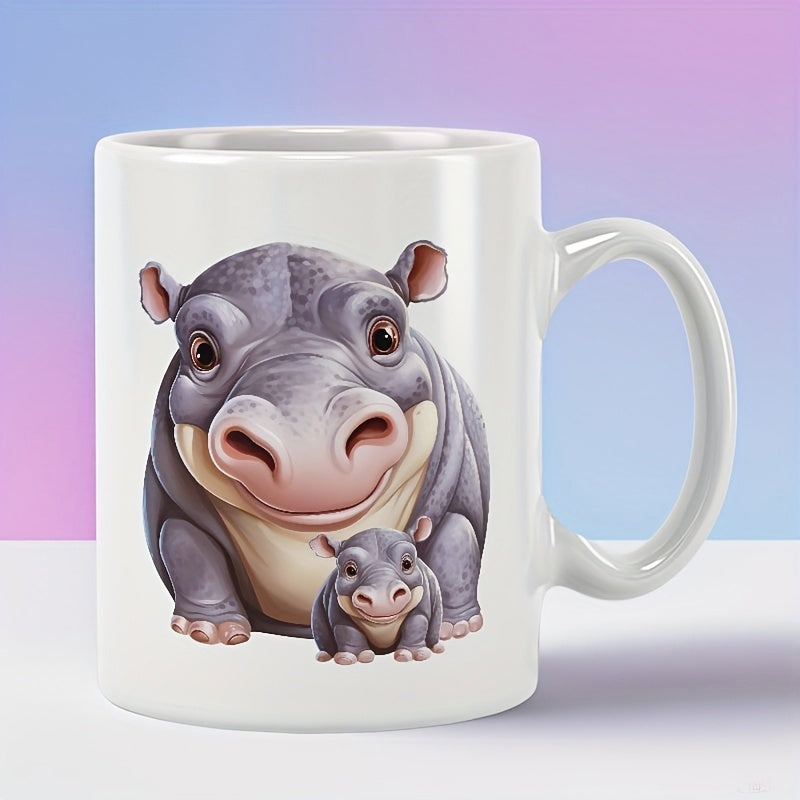 Tailorly White Ceramic 11 oz Mug - Adorable Mother And Baby Animals Sitting Peacefully Together On Background Hippo