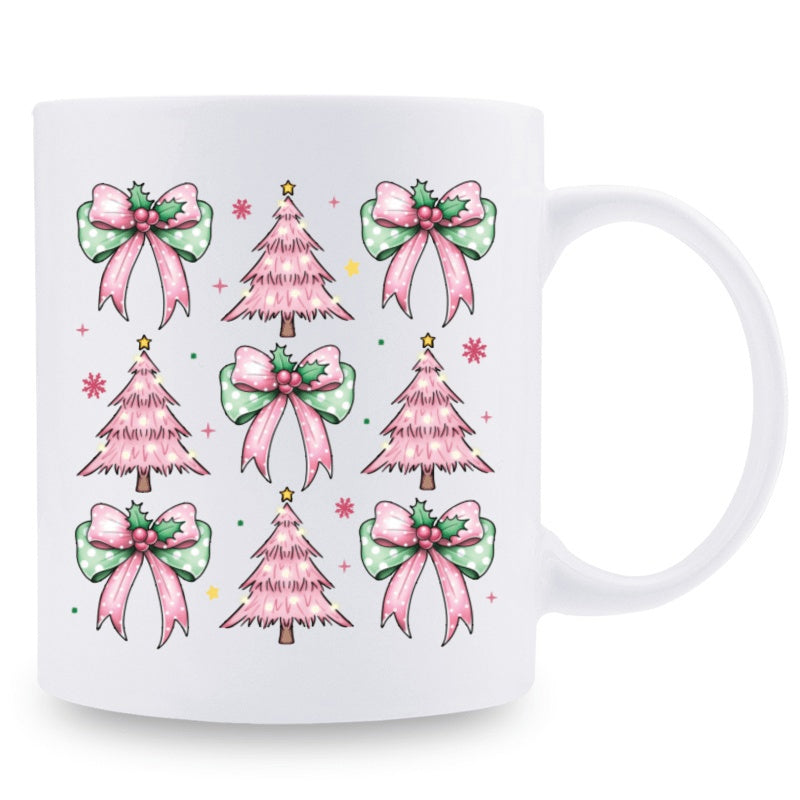 Tailorly White Ceramic 11 oz Mug - Festive Pink Bows With Shimmering Pastel Stars Surrounding Decorative Christmas Tree