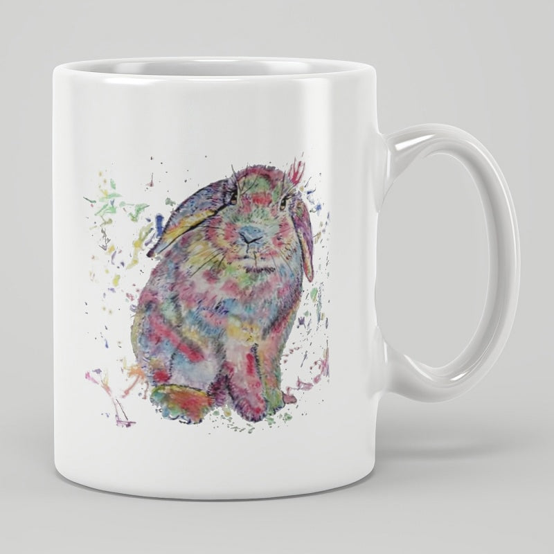 Tailorly White Ceramic 11 oz Mug - Colorful Artistic Watercolor Paint Splatter Sitting Long Eared Vibrant Wildlife Rabbit