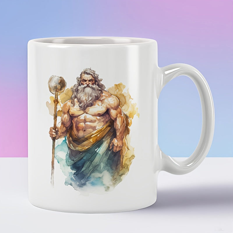 Tailorly White Ceramic 11 oz Mug - Powerful Muscular Ancient Greek Deity Holding Scepter Amidst Artistic Watercolor Splashes Warrior