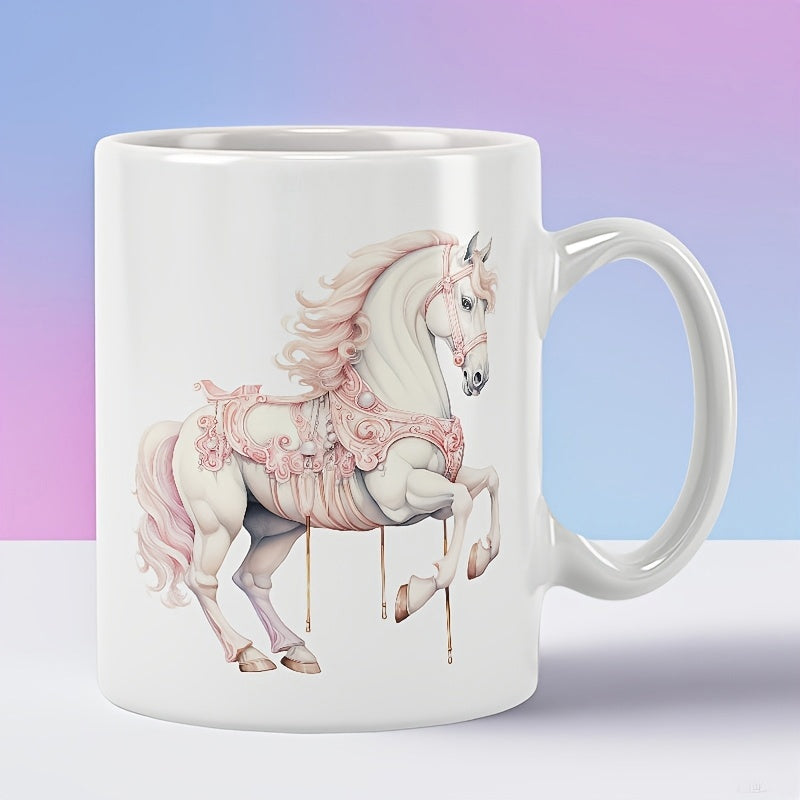 Tailorly White Ceramic 11 oz Mug - Elegant White Carousel Horse Featuring Intricate Pink Ornaments And Flowing Mane Horse