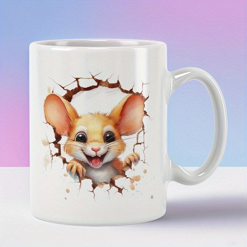 Tailorly White Ceramic 11 oz Mug - Cute Smiling Rodent With Large Ears Emerging From Cracked Wall Mouse