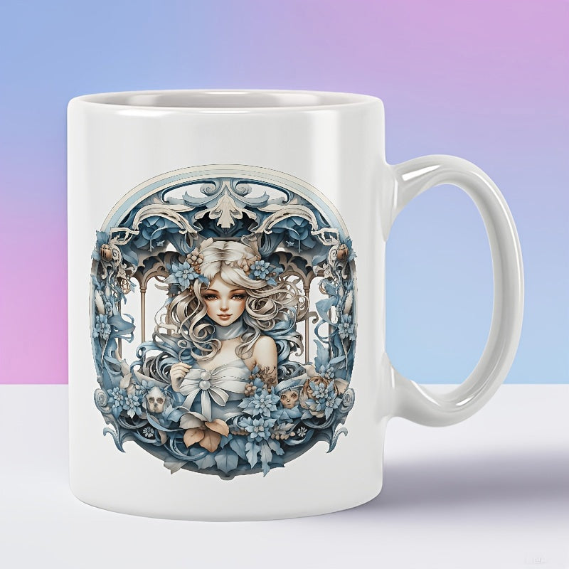 Tailorly White Ceramic 11 oz Mug - Elegant Ornate Frame With Blue Flowers Featuring A Stylized Fantasy Girl