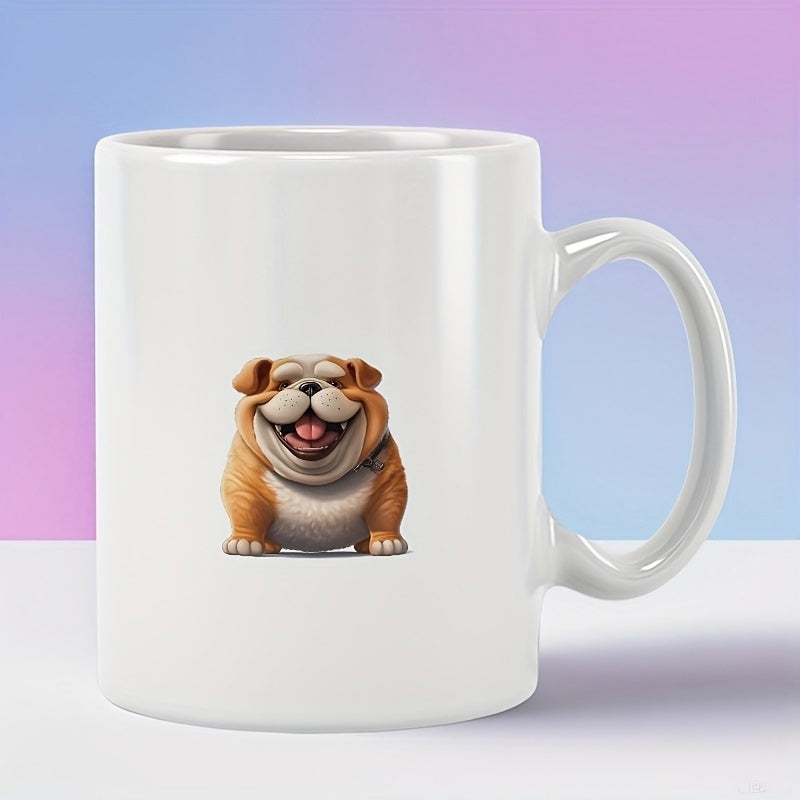 Tailorly White Ceramic 11 oz Mug - Joyful Smiling Cartoon Pet Sitting Calmly On The Ground Bulldog
