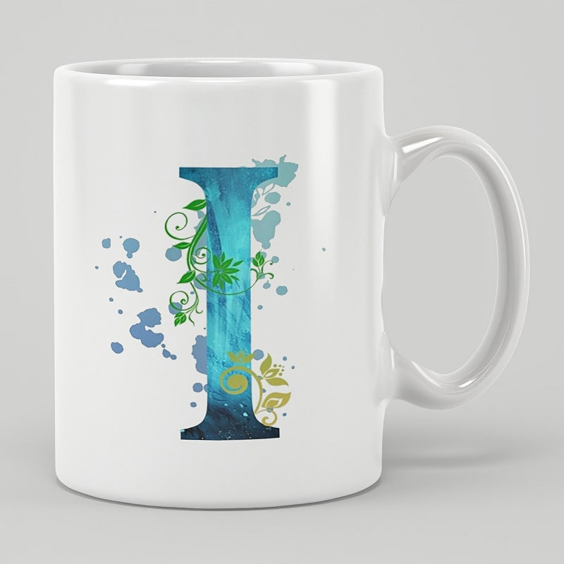 Tailorly White Ceramic 11 oz Mug - I Artistic Watercolor Style With Elegant Green Floral Vines And Paint Splatter Letter