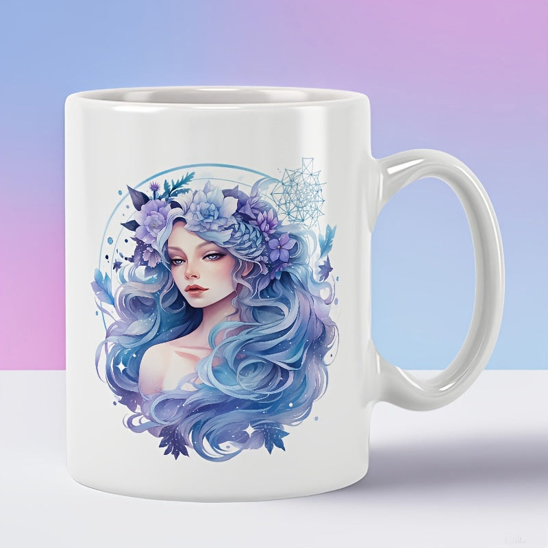 Tailorly White Ceramic 11 oz Mug - Mystical Ethereal Flowing Blue Hair Adorned With Delicate Purple Flowers Woman