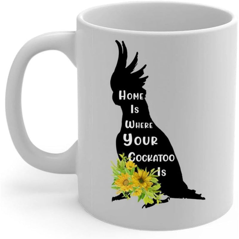 Tailorly White Ceramic 11 oz Mug - Home Is Where Your Cockatoo Is Black Silhouette Featuring Vibrant Yellow Sunflowers At The Base Cockatoo