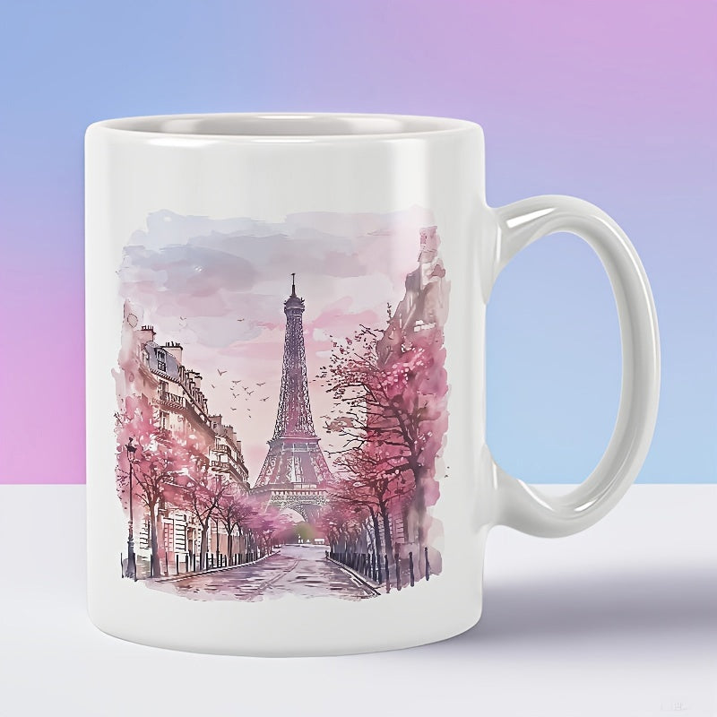 Tailorly White Ceramic 11 oz Mug - Artistic Watercolor Paris Street Scene With Blooming Pink Cherry Blossom Eiffel Tower
