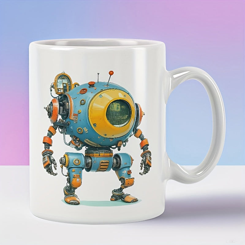 Tailorly White Ceramic 11 oz Mug - Futuristic Mechanical Steampunk Droid With Spherical Blue Body And Orange Metallic Limbs Robot