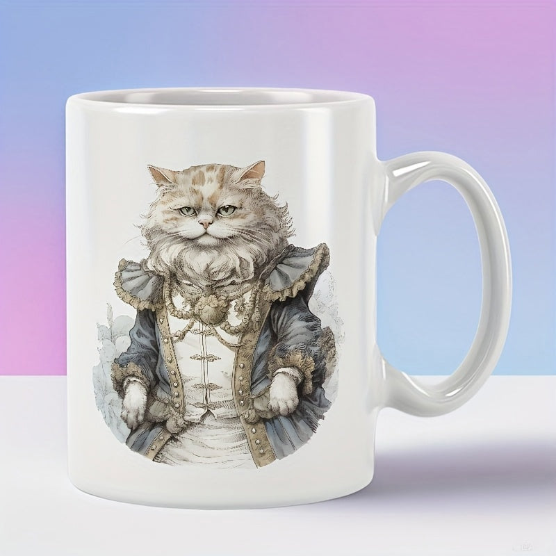 Tailorly White Ceramic 11 oz Mug - Regal Fluffy Pet In Elaborate Blue And Gold Vintage Officer Uniform Cat