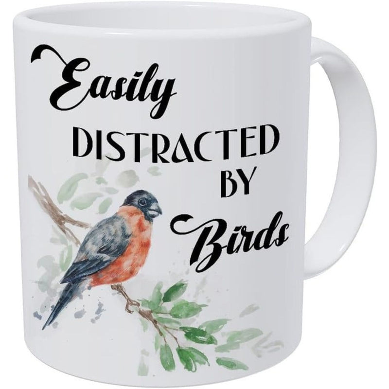 Tailorly White Ceramic 11 oz Mug - Easily Distracted By Birds Hand Painted Watercolor Perched On A Leafy Branch Bird
