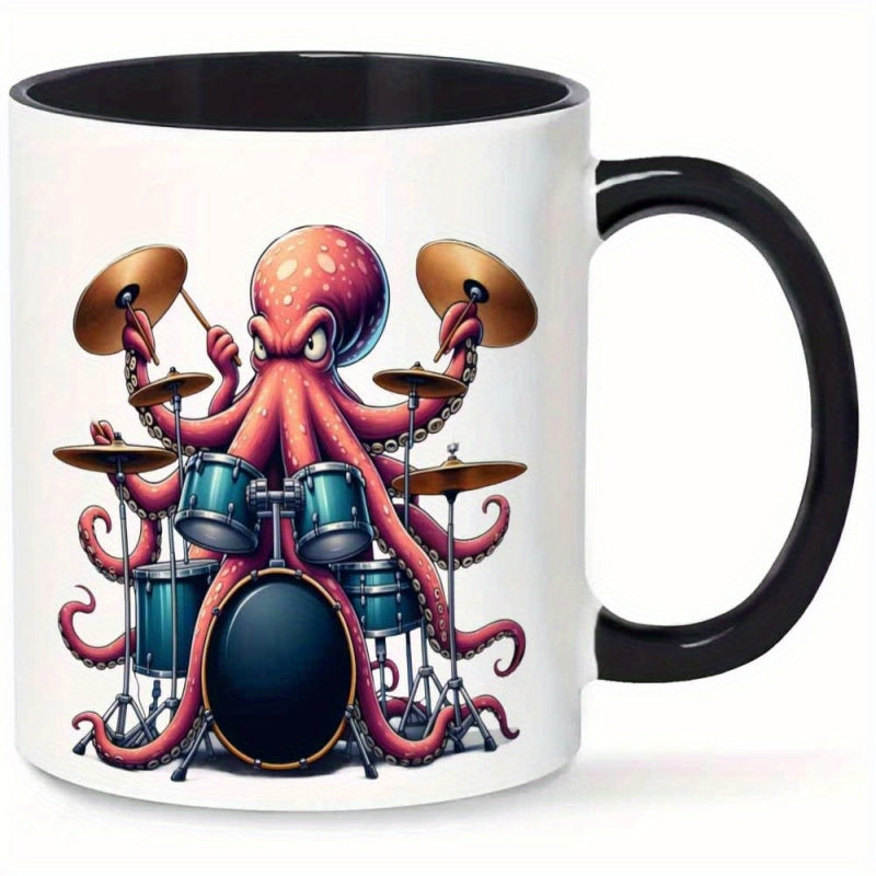 Tailorly Black Accent 11 oz Mug - whimsical octopus drummer cartoon