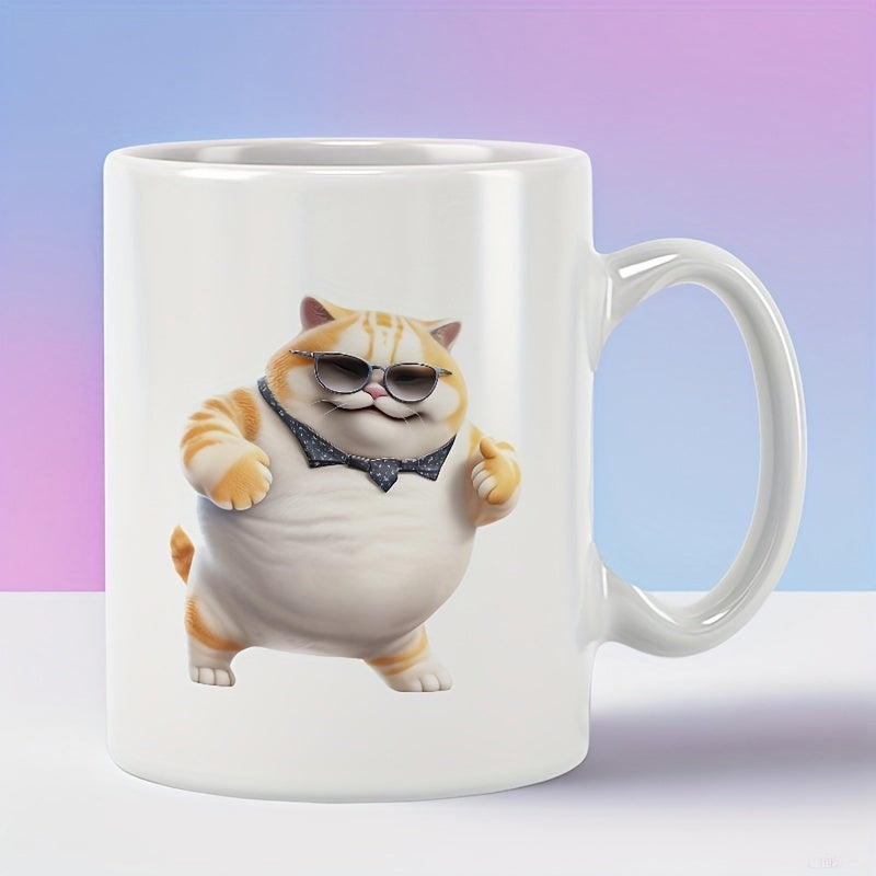 Tailorly White Ceramic 11 oz Mug - Chubby Orange Tabby Wearing Sunglasses And A Stylish Black Bandana Cat