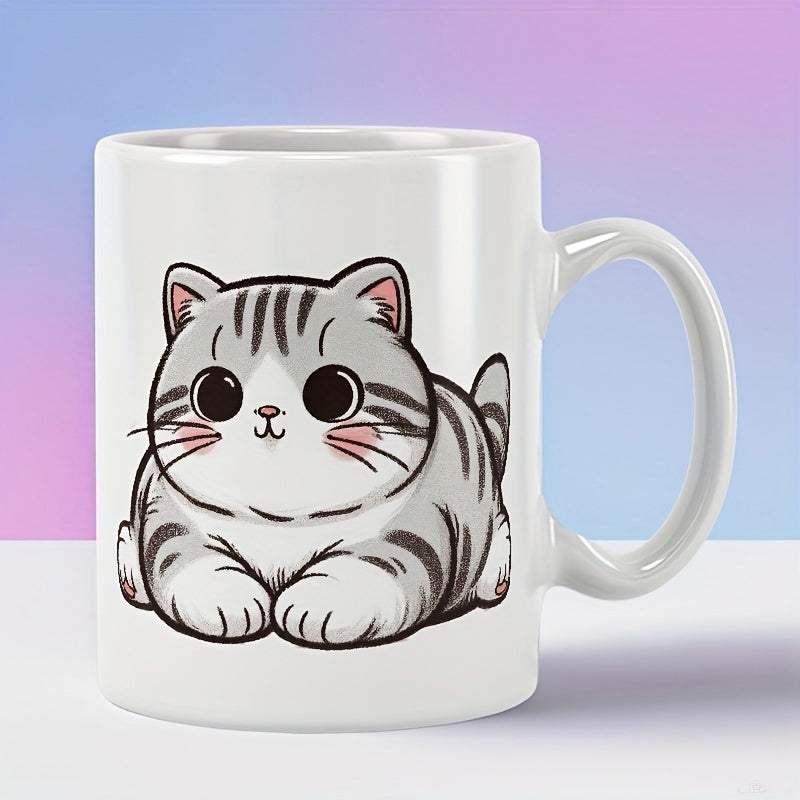 Tailorly White Ceramic 11 oz Mug - Adorable Chubby Striped Gray Feline Resting Peacefully With Large Round Eyes Cat