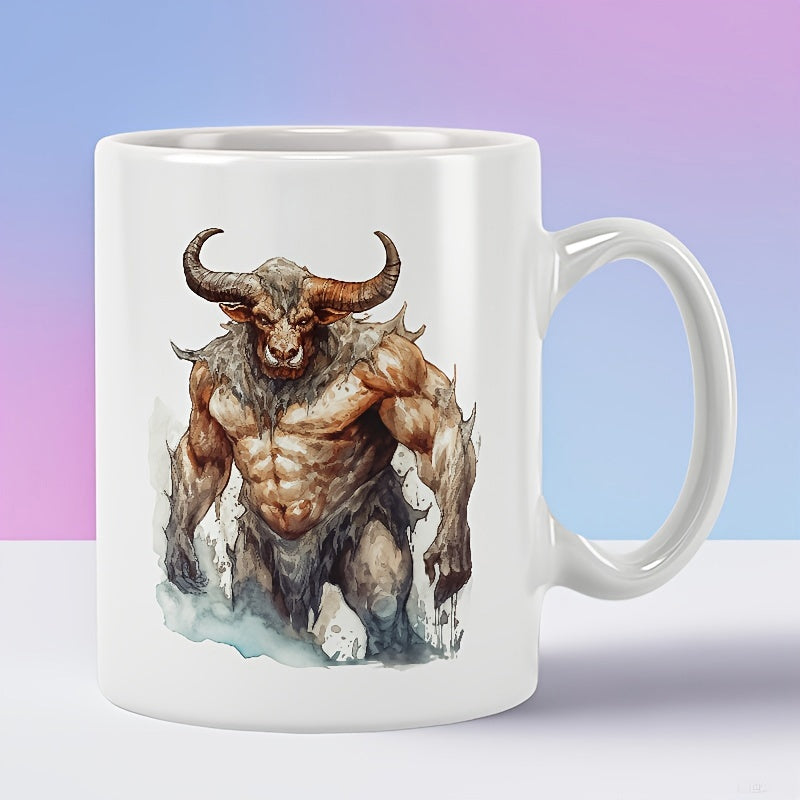Tailorly White Ceramic 11 oz Mug - Powerful Muscular Minotaur With Large Horns Standing In A Fantasy Watercolor Style Creature