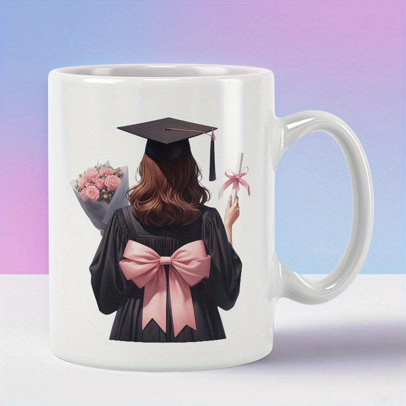 Tailorly White Ceramic 11 oz Mug - Graceful Young Female Wearing Black Gown With Elegant Pink Ribbon Bow Graduate