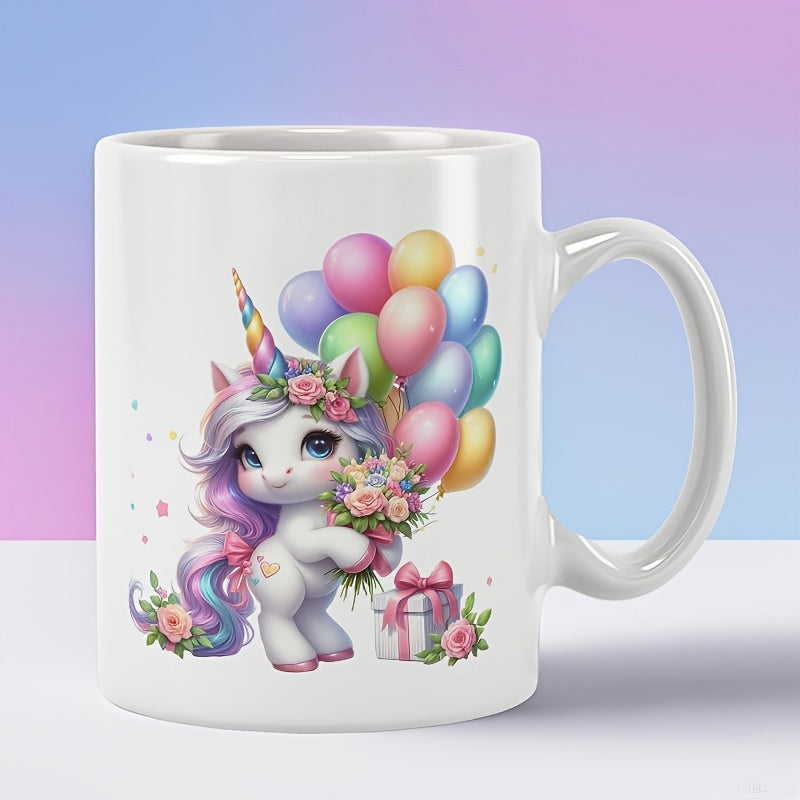 Tailorly White Ceramic 11 oz Mug - Adorable Mythical Creature Holding Colorful Balloons And Flowers Near Present Box Unicorn