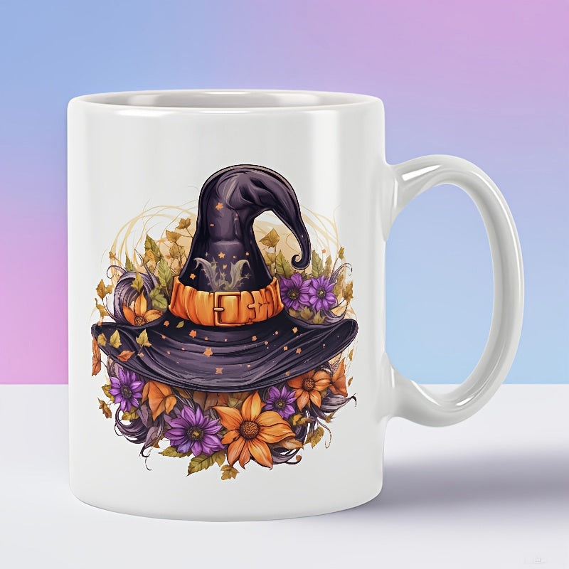 Tailorly White Ceramic 11 oz Mug - Pointed Dark Purple Witch Nestled Among Vibrant Orange And Purple Autumn Flowers Hat