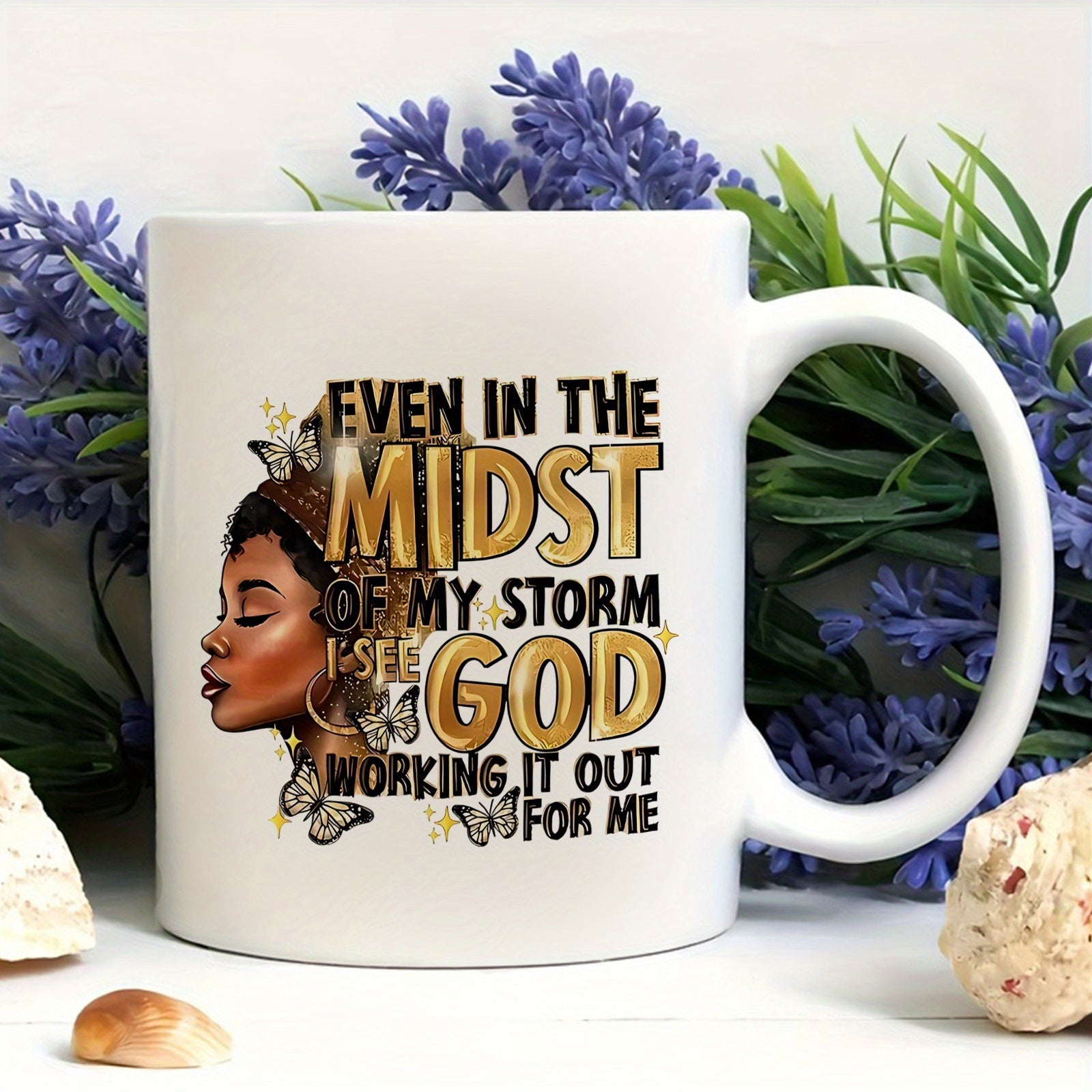 Tailorly White Ceramic 11 oz Mug - Even In The Midst Of My Storm I See God Working It Out For Me Elegant Profile Of Black Woman With Fluttering Golden Butterflies