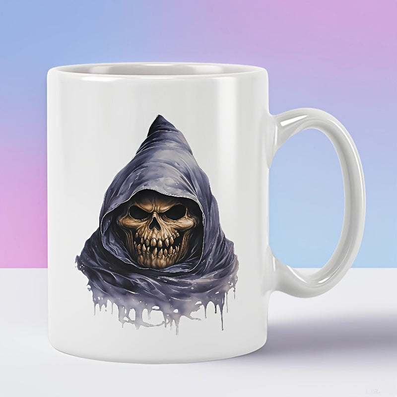 Tailorly White Ceramic 11 oz Mug - Dark Purple Hooded Cloak With Spooky Dripping Grinning Bone Reaper Skull