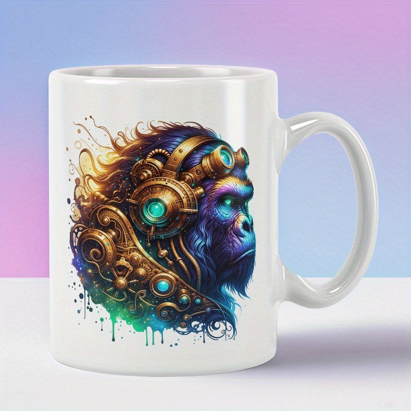Tailorly White Ceramic 11 oz Mug - Mechanical Brass Gears Wearing Steampunk Goggles In Vibrant Cyberpunk Colors Gorilla