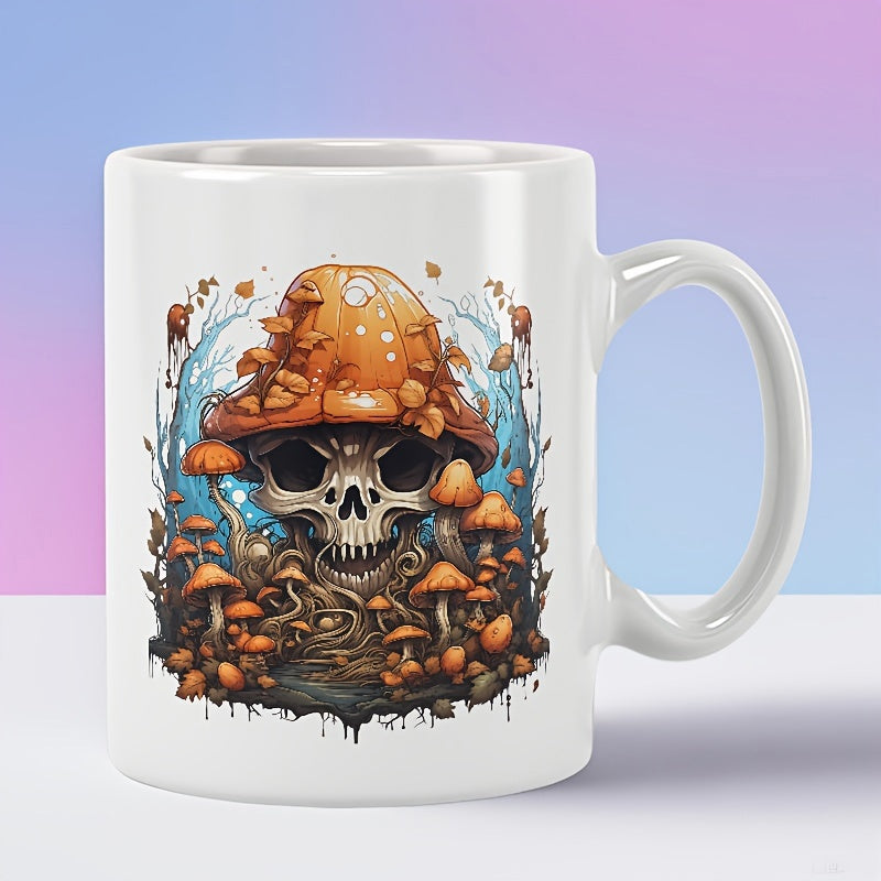 Tailorly White Ceramic 11 oz Mug - Mystical Forest Scene Featuring A Creepy Skull Under An Orange Mushroom Cap Skull