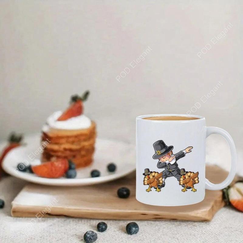 Tailorly White Ceramic 11 oz Mug - Festive Dabbing Turkeys Dancing Together With A Cute Thanksgiving Character Pilgrim