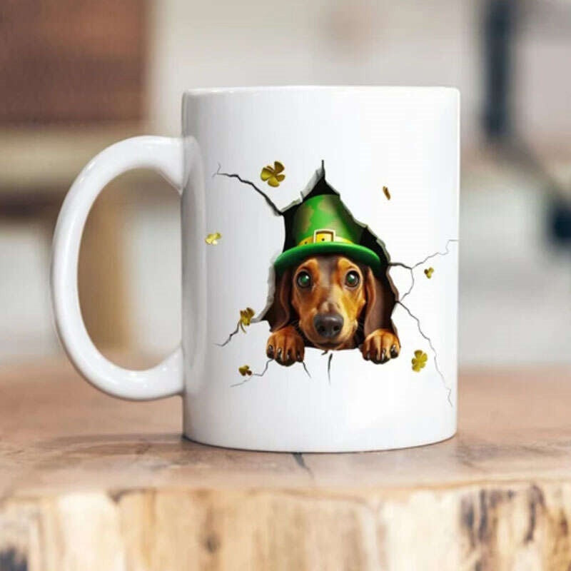 Tailorly White Ceramic 11 oz Mug - Festive Saint Patricks Day Theme Peeking Through Cracked White Wall Dachshund