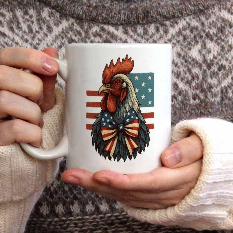 Tailorly White Ceramic 11 oz Mug - Patriotic American Flag Background With Bow Tie On Majestic Farm Rooster