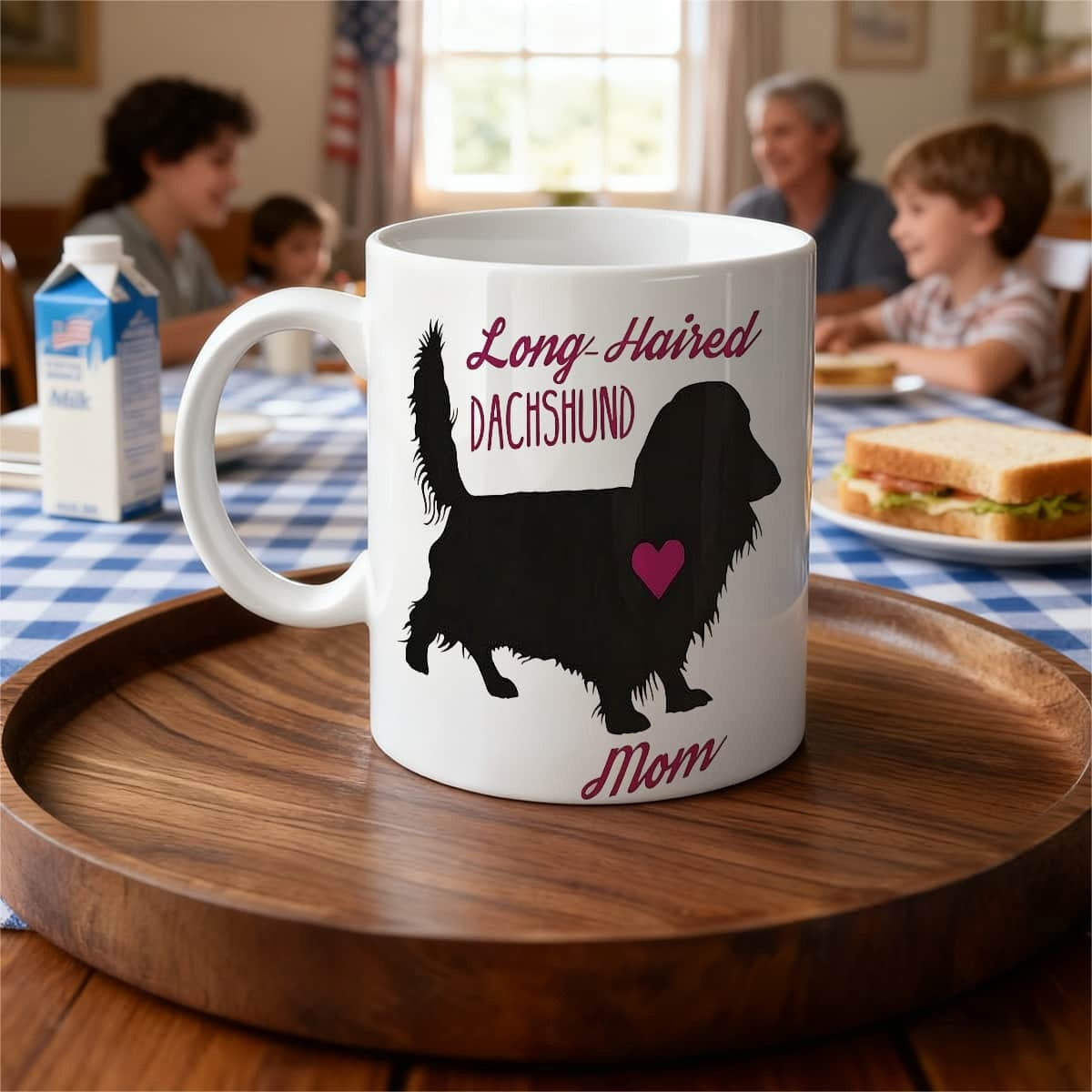 Tailorly White Ceramic 11 oz Mug - Long Haired Dachshund Mom Elegant Silhouette Of A Long Haired Dog With Heart Detail Dachshund