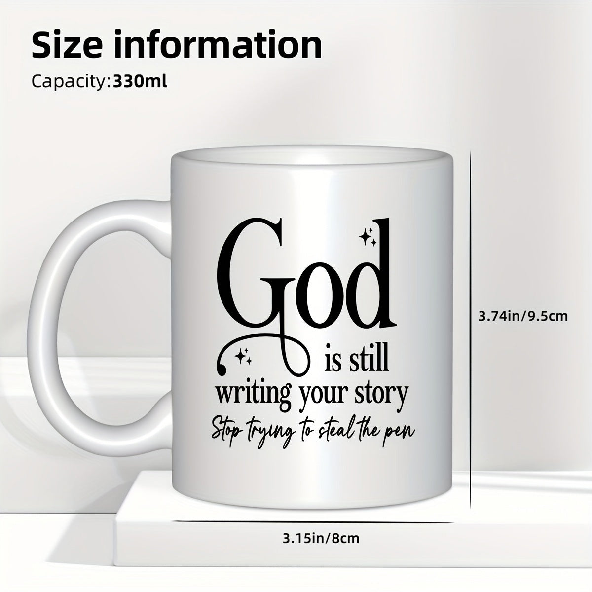 Tailorly White Ceramic 11 oz Mug - God Is Still Writing Your Story Stop Trying To Steal The Pen Elegant Inspirational Script Typography With Small Sparkles On