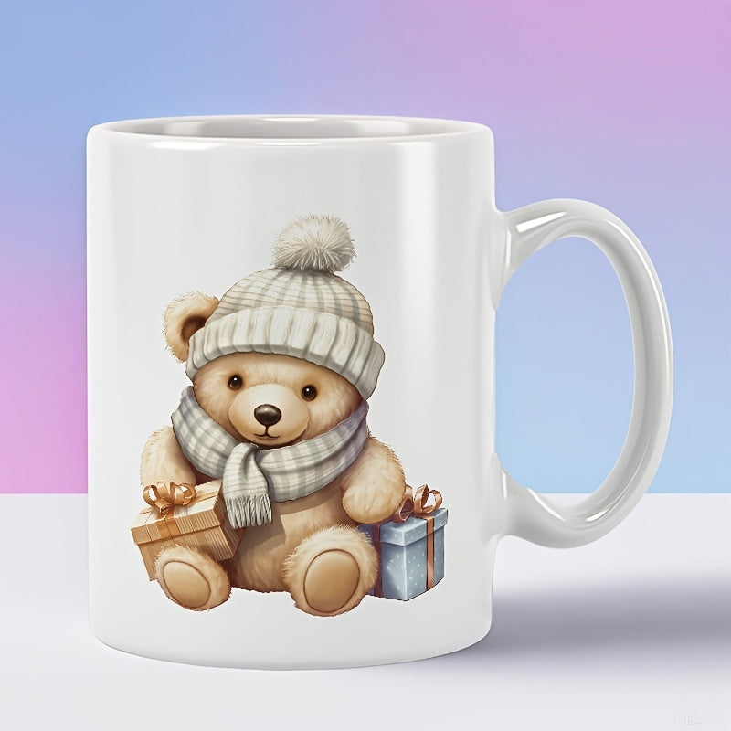 Tailorly White Ceramic 11 oz Mug - Adorable Winter Teddy Wearing Striped Scarf And Hat Beside Wrapped Gift Bear
