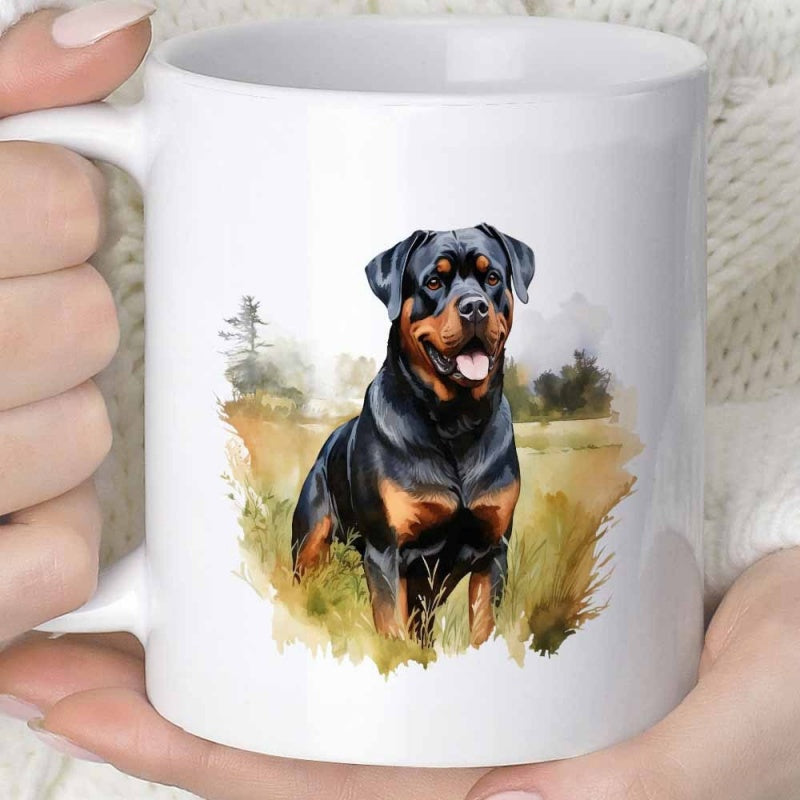 Tailorly White Ceramic 11 oz Mug - Golden Field Landscape With A Loyal Guard Dog Standing Proudly Rottweiler