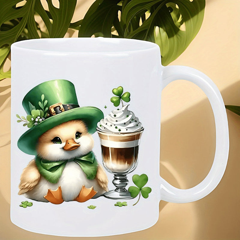 Tailorly White Ceramic 11 oz Mug - Adorable Baby Duck Wearing Green Leprechaun Hat Beside Shamrock Latte Coffee Duckling