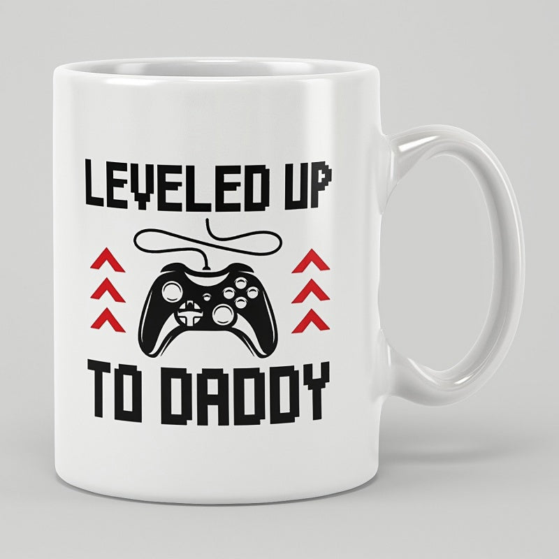 Tailorly White Ceramic 11 oz Mug - Leveled Up To Daddy Retro Pixel Art Design Featuring Red Upward Floating Arrows Controller