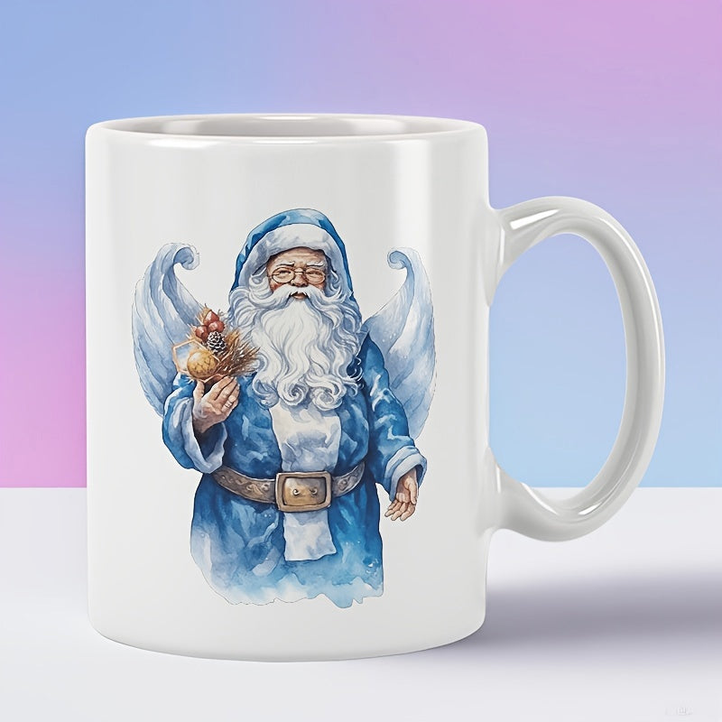 Tailorly White Ceramic 11 oz Mug - Angelic Figure Dressed In Blue Winter Robe Watercolor Illustration Santa