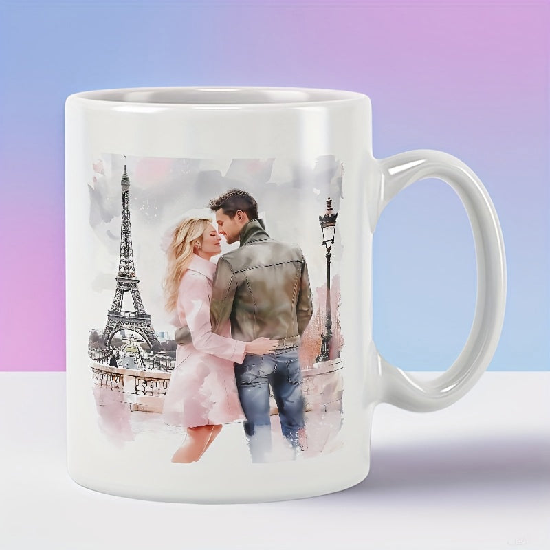 Tailorly White Ceramic 11 oz Mug - Romantic Watercolor Artistic Scene Featuring A Loving Pair In Paris Couple